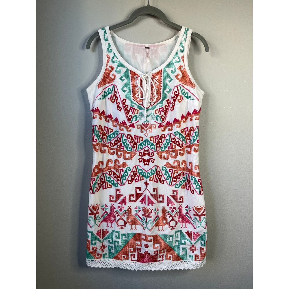 Free People Mini Dress White Embroidered Linen Blend Lace Up Sleeveless 8